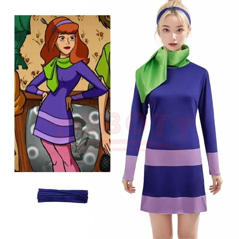 Women Daphne Cosplay Blake Costume Cartoon Purple Dress Scarf Socks Adult Clothing Outfits Fantasy Halloween Carnival Party Suit