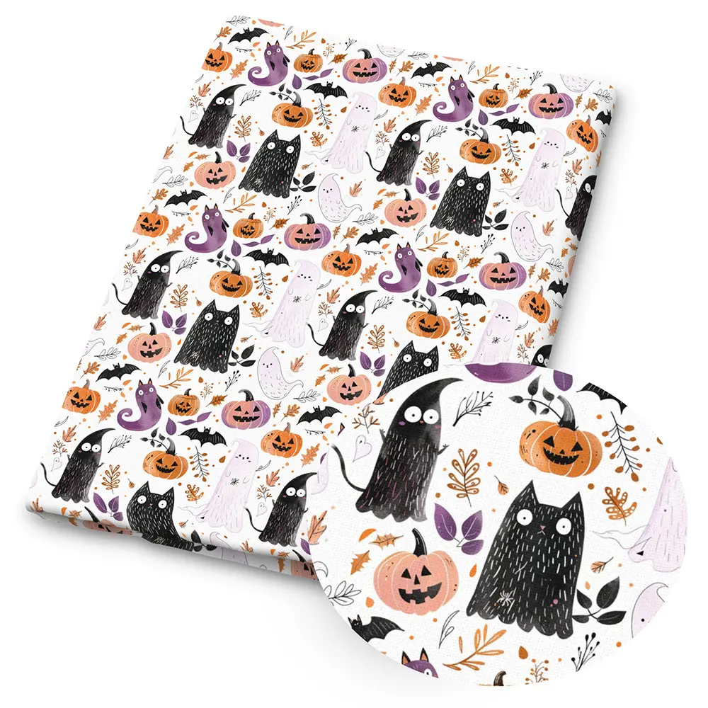 1pc Halloween Print Fabric - 59 X 19.68 Inches (150 X 50cm) Pre-cut Polyester Purple Fabric with Cute, Pumpkin, Witch and Cat Pattern - Suitable for DIY Sewing, Scrapbooking, Tablecloths and Crafts