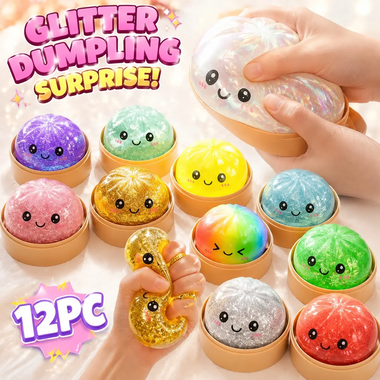12 Pack Glitter Dumpling Mystery Toy with Gift Box, Soft TPR Stress Relief Sensory Fidget, Portable ASMR Decompression Trinket, Ideal Classroom Reward & Desk Ornament