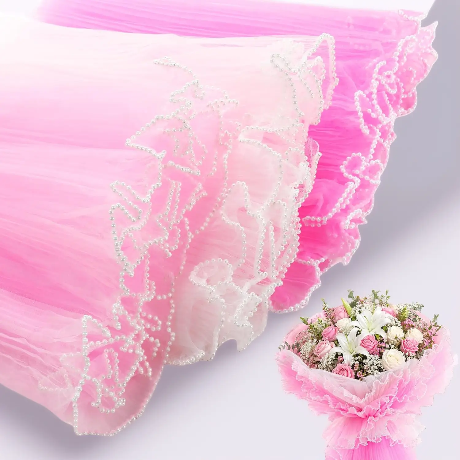 White & Pink Pearl Edge Floral Wrapping Mesh, 3Pcs 4.37yd Translucent Bouquet Wrapping Material for DIY Crafts, Florists, Wedding & Graduation Gifts