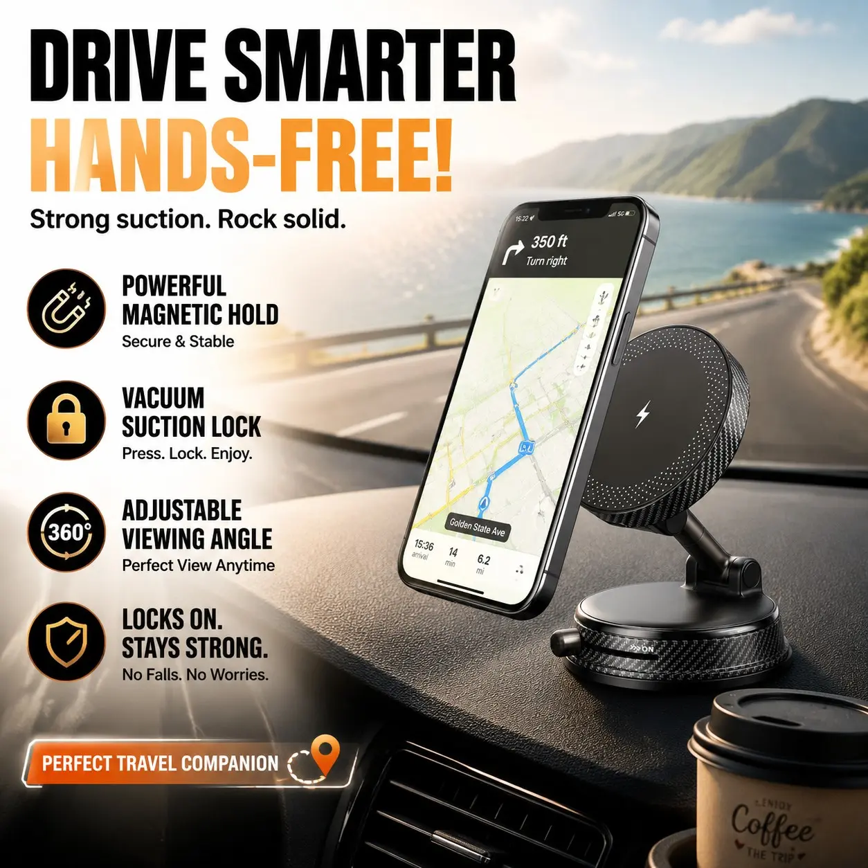 Multi-Functional Rotating Vacuum Suction Car Mount, Automotive Phone Holder, Wireless Charging Holder for GPS Navigation, Magnetic Vehicle Dashboard Stand