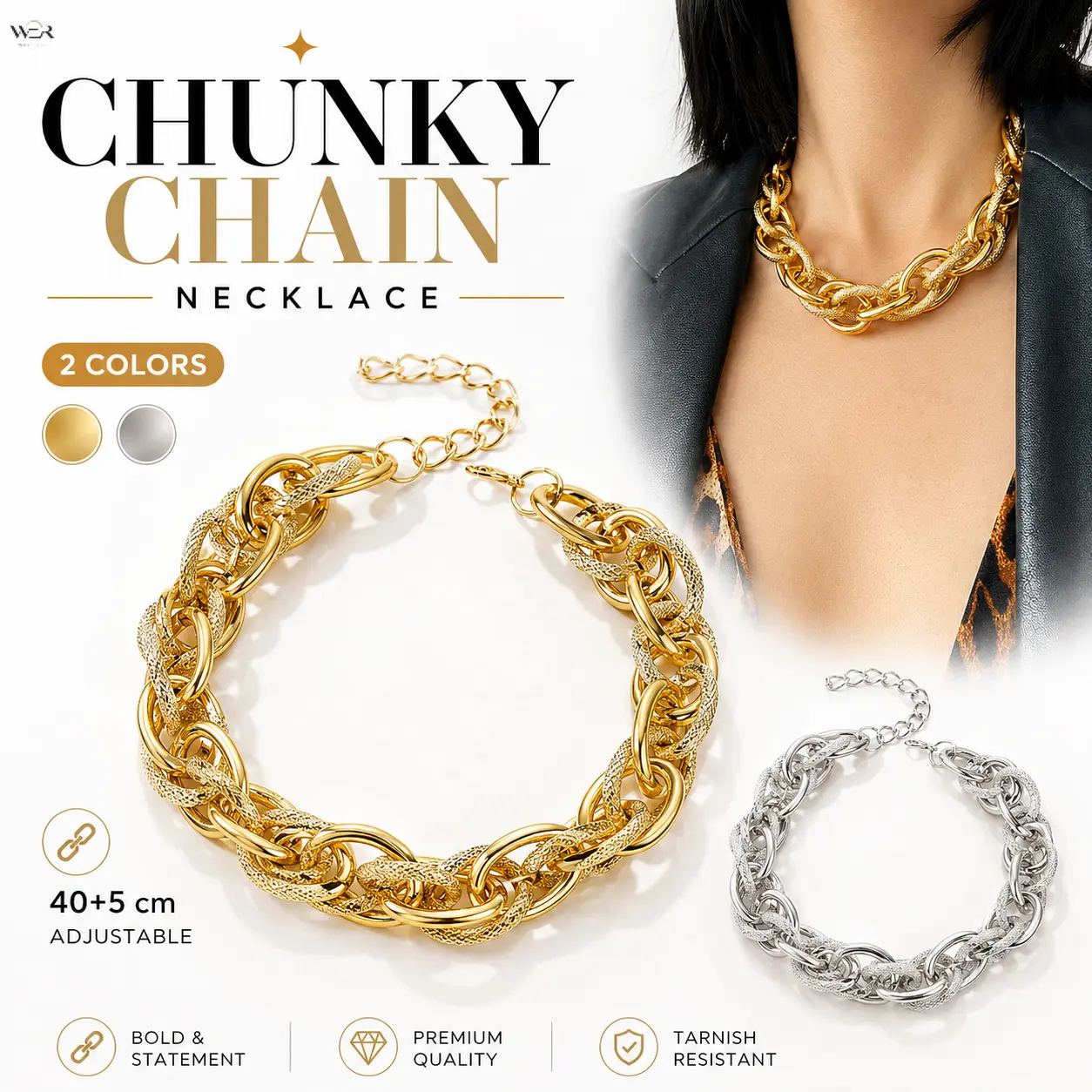 Mixed Texture Chunky Oval Link Choker Necklace, Dual Finish Smooth & Frosted Mesh Thick Curb Chain with 5cm Adjustable Extender, 2 Tone Gold Silver Tarnish Resistant Alloy Statement Jewelry, Trendy Street Gift for Men Women