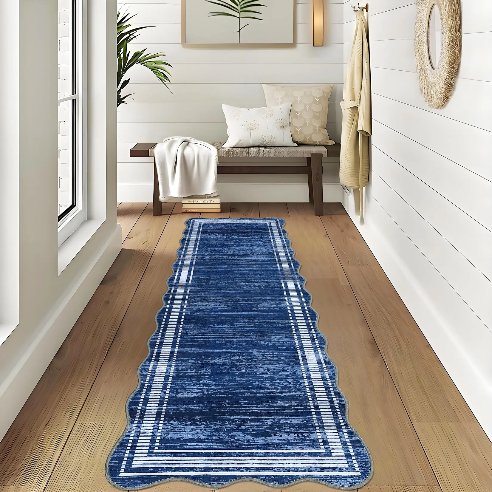 Garvee Washable Area Rug Solid Neutral Rugs for Living Room Scalloped Rugs for Bedrooms Non Slip Stain Resistant Nursery Rug Low Pile Kids Rug