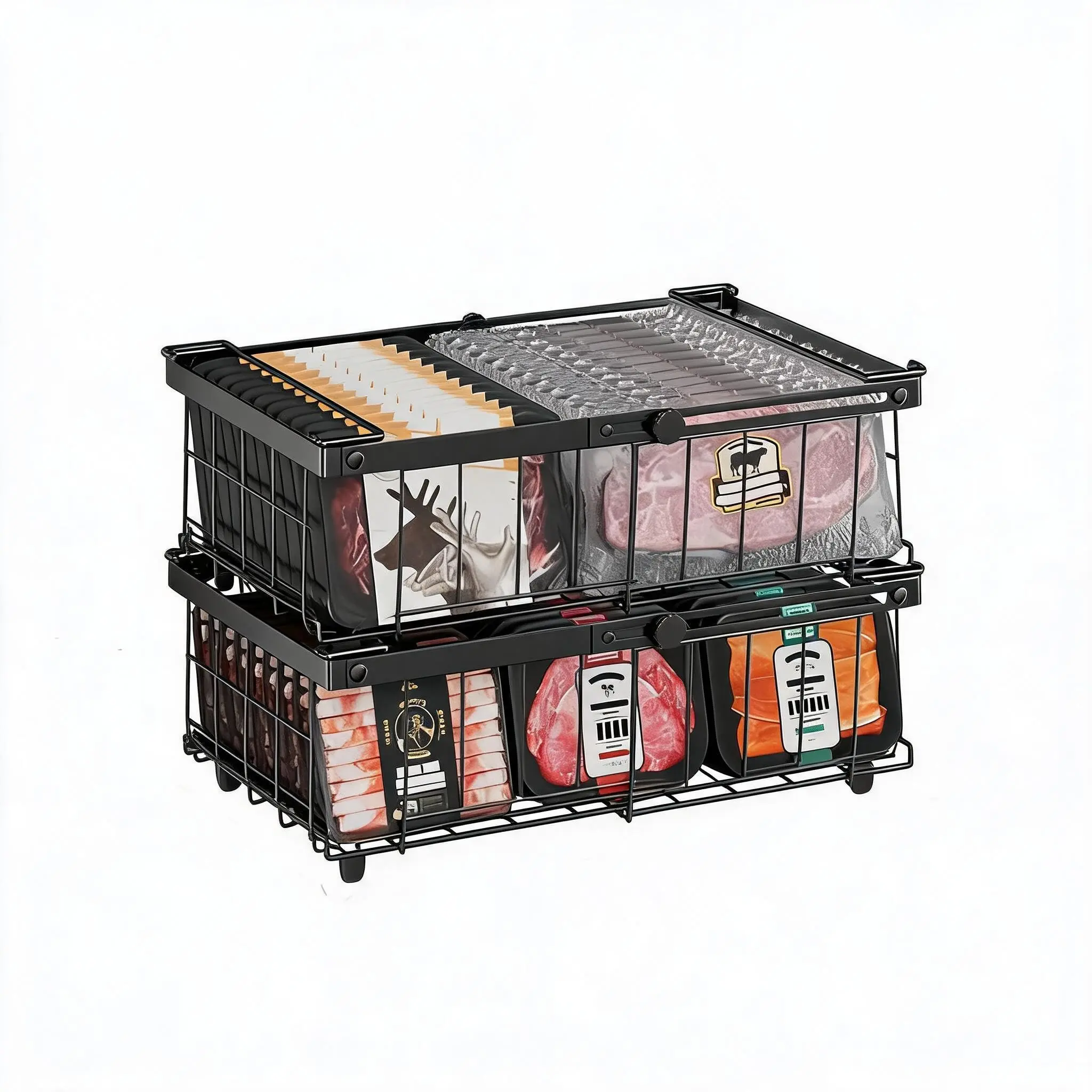 2/4 Pack Expandable Metal Organiser Basket Chest Freezer Storage Boxes, Stackable Metal Wire Kitchen Storage Boxes with Fold Down Handles,Freezer Storage Boxes with Fold Down Handles for Frozen Foods, Bulk Meat