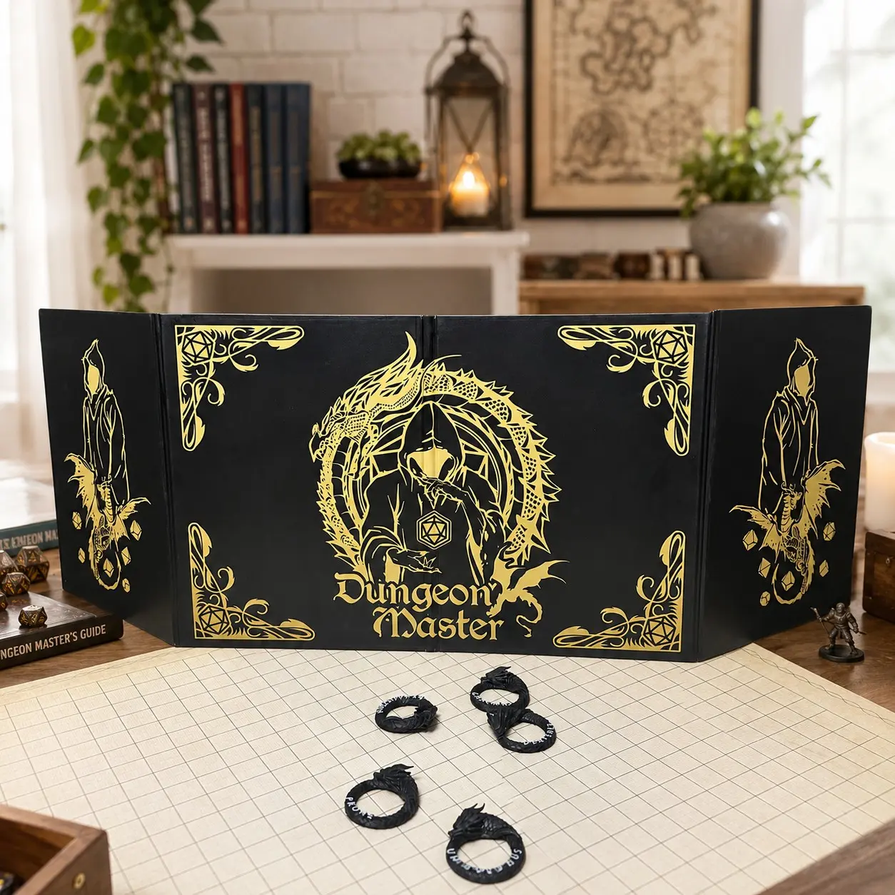 Dnd Dm Host Screen Gold Dungeon Mage Style, Trpg Gm Screen, Foldable Paper Board, 4 A4 Transparent Pockets, Replaceable Rule Book
