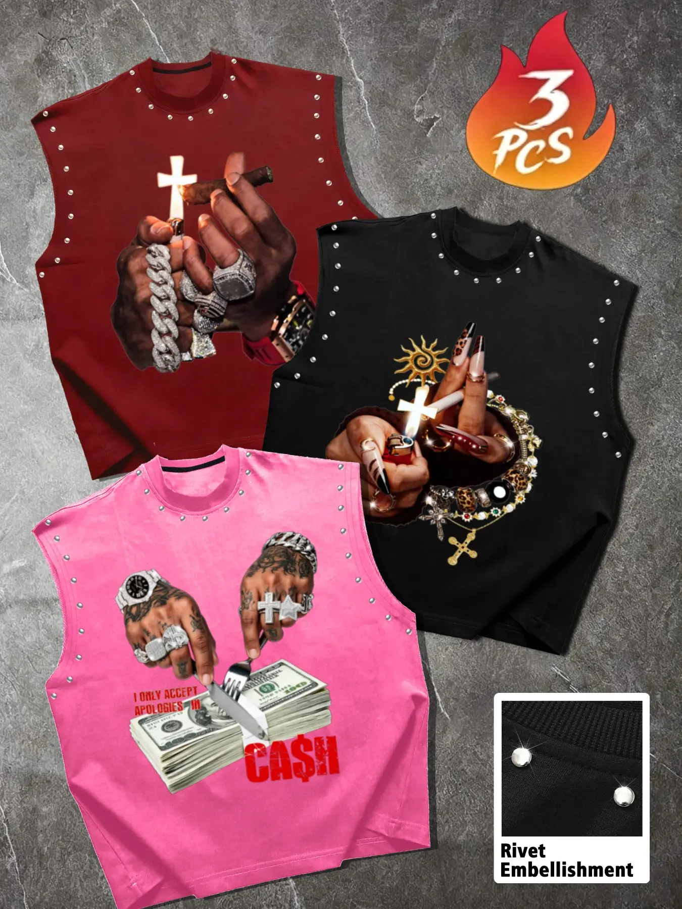 Men's Casual Loose 3-Piece Tank Set, American Money Jewelry Portrait Graphic Print, Soft Skin-Friendly Fabric, Street Style, All Seasons