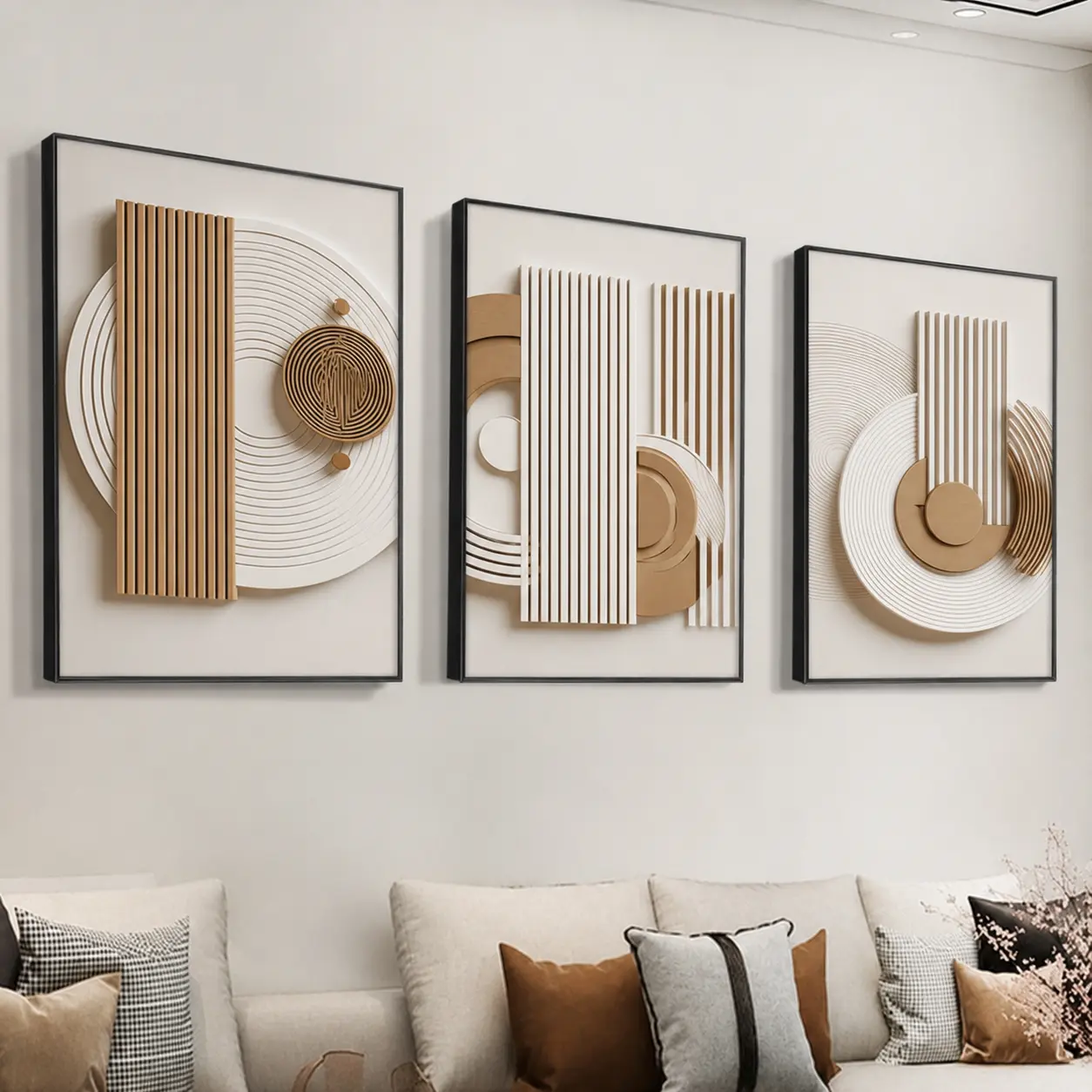 3-Piece Wooden-Framed Canvas Wall Art Set, Wabi-Sabi Geometric Pattern Abstract Prints, Modern Living Room Decor, Decoration Items, Waterproof, Gift Idea