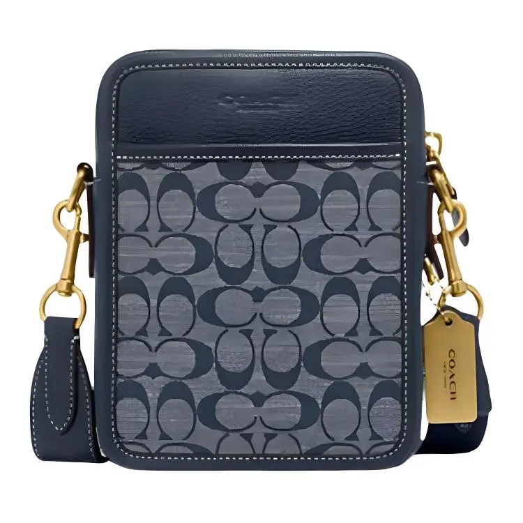 COACH Sullivan 16 Classic Monogram Zip-Top Crossbody Bag for Men, Jacquard and Leather, Denim Blue