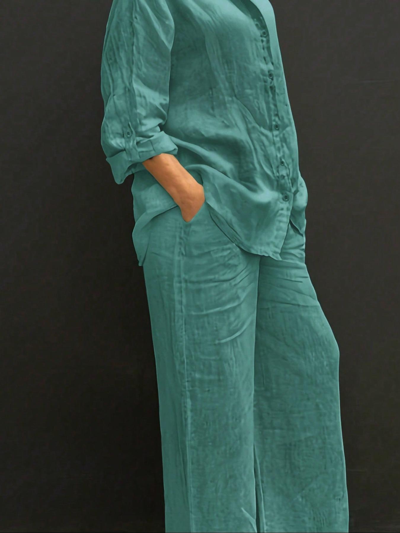 Women's Solid Color Long Sleeve Shirt & Wide Leg Pants Set, Casual Fashion Cozy Breathable Loungewear Homewear Two-piece Outfits for Daily Outdoor Wear, Women Clothes Womenswear for Spring Fall, Lady Co Ord Set