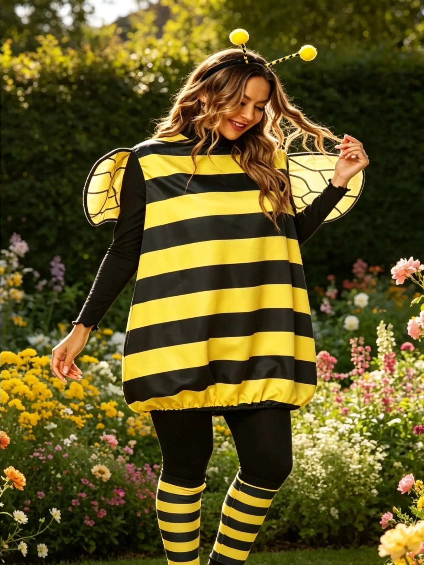 Yellow Bee Full Body Jumpsuit With Matching Headwear Women Halloween Cute Role Play Outfit Holiday Party Dress Up Costume