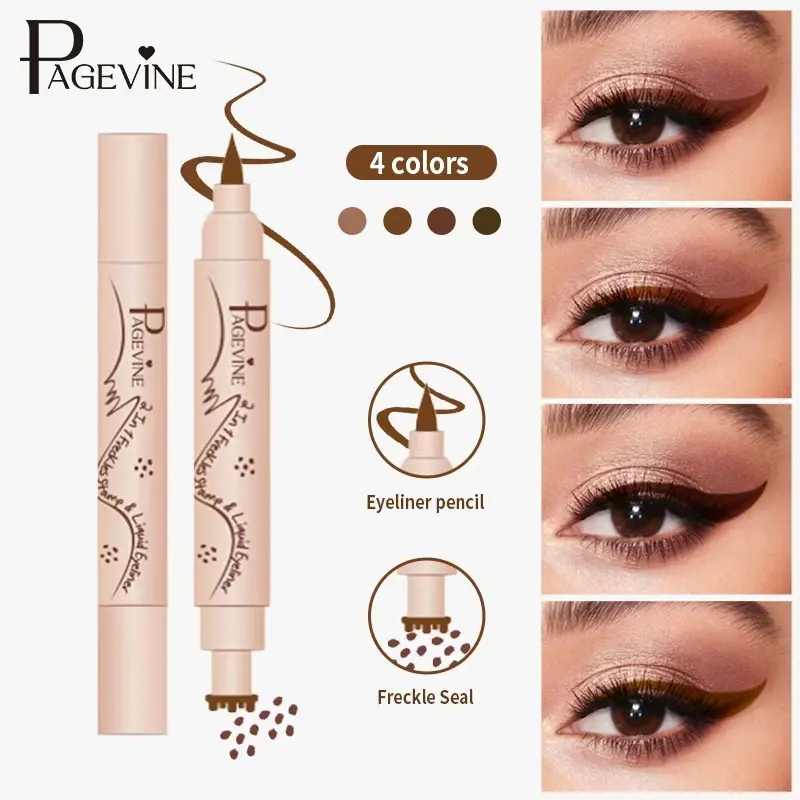 PAGEVINE Multi-Function Double Head Stamp Liquid Eyeliner & Freckle Pen, 10 Seconds Quick Dry Film Non-Smudging, Thin Sponge Tip Draw Precise Wing Liner, 3D Stamp Make Stereo Natural Freckles 4 Shades Available