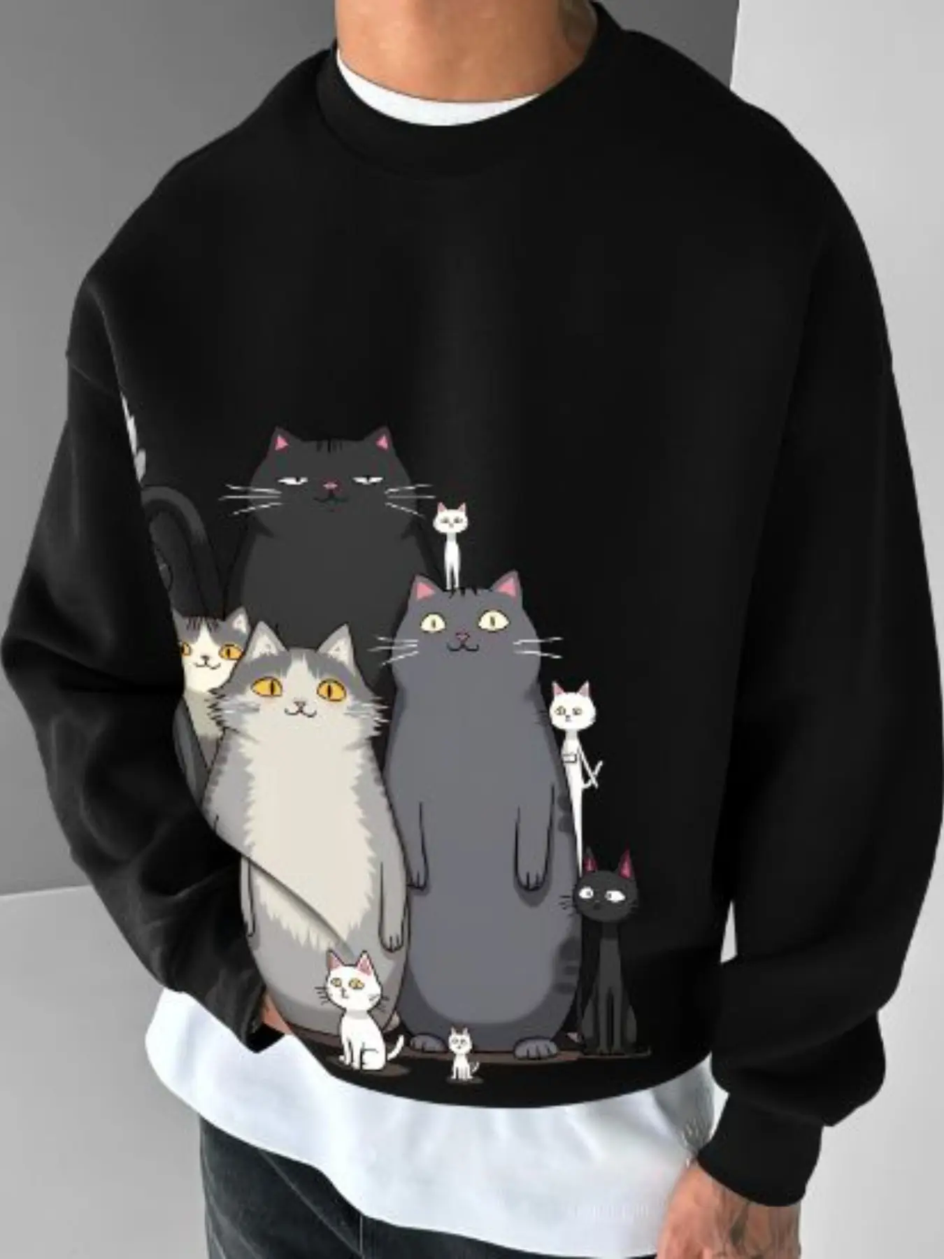 Funny Cat Pattern Sweatshirt, Men's Fall Winter Casual Wear, Perfect for Daily Commute & Parties, Stylish Gift for Friends & Family