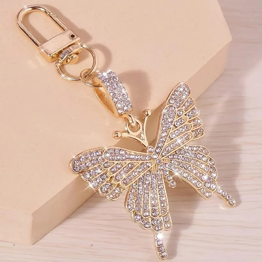 2-Pack Rhinestone Butterfly Keychains with Lobster Clasps – Punk-Style Alloy Bag Charms for Women, Valentine’s Day Accessories and Gifts