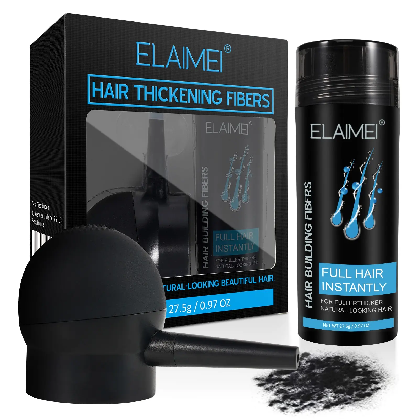 Elaimei Hair Fiber Kit with Spray Nozzle, High-Quality Natural Look, Invisible Effect, Easy Application