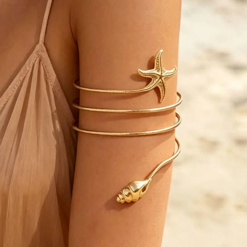 Women's Adjustable Gold Multi-Coil Spiral Upper Arm Cuff with Starfish & Conch Shell, Boho Mermaidcore Body Jewelry for Summer Beach Vacation, Pool Party, Multi-Coil Armlet, Starfish Shell
