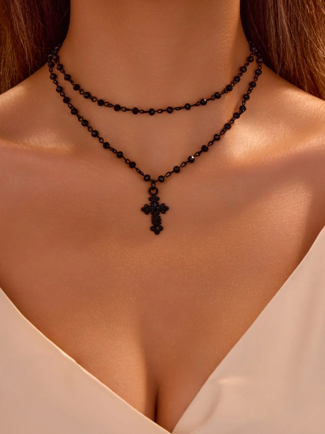 Women's Double Layer Beaded Necklace, Gothic Flower Cross Pendant, Dark Punk Vintage Religious Statement Jewelry, Elegant Neckpiece