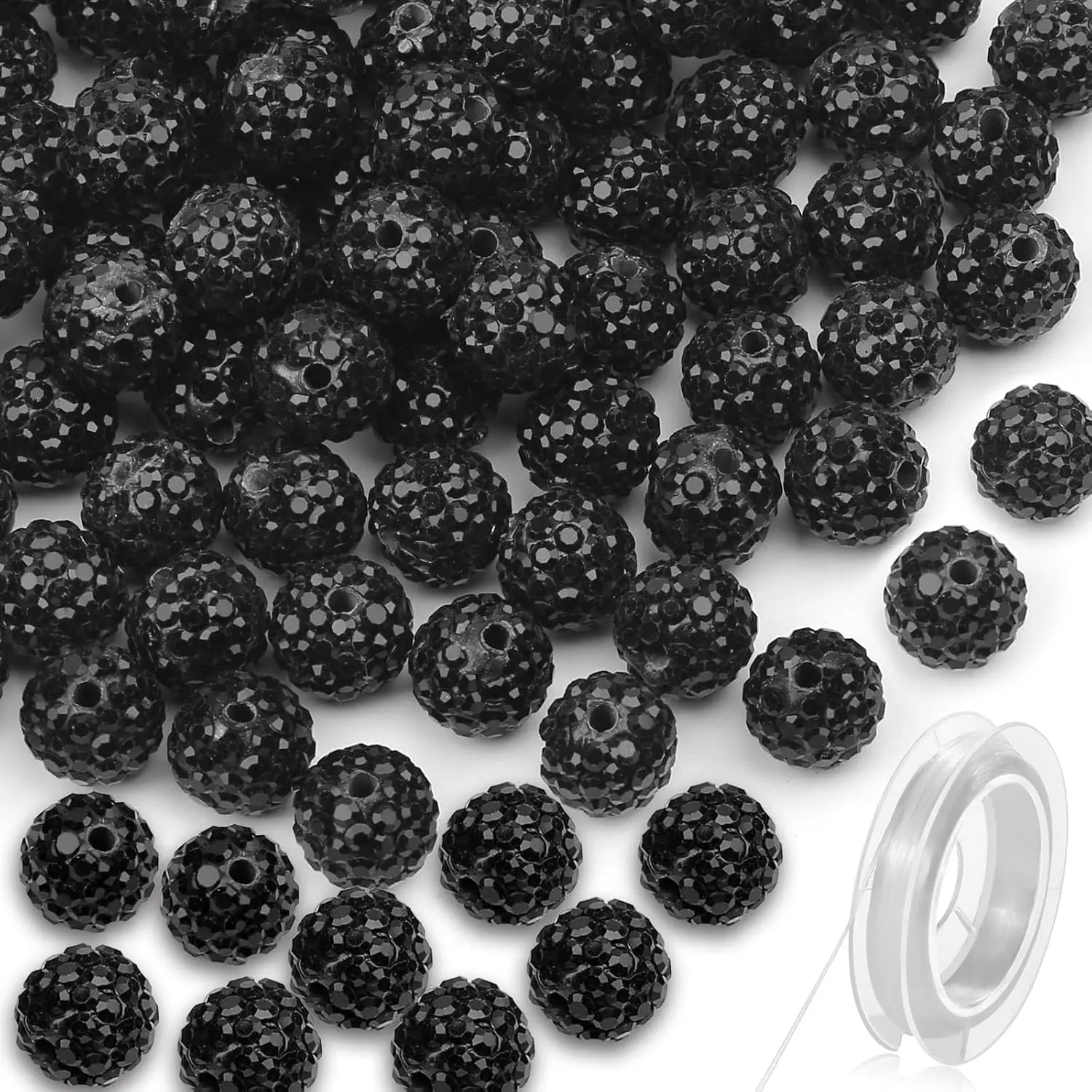 120 count Clay Rhinestone Beads 10mm for  Making, Bling Sparkle Rhinestone Beads with Elastic String for Bracelet Necklace Earring  Making (Black)