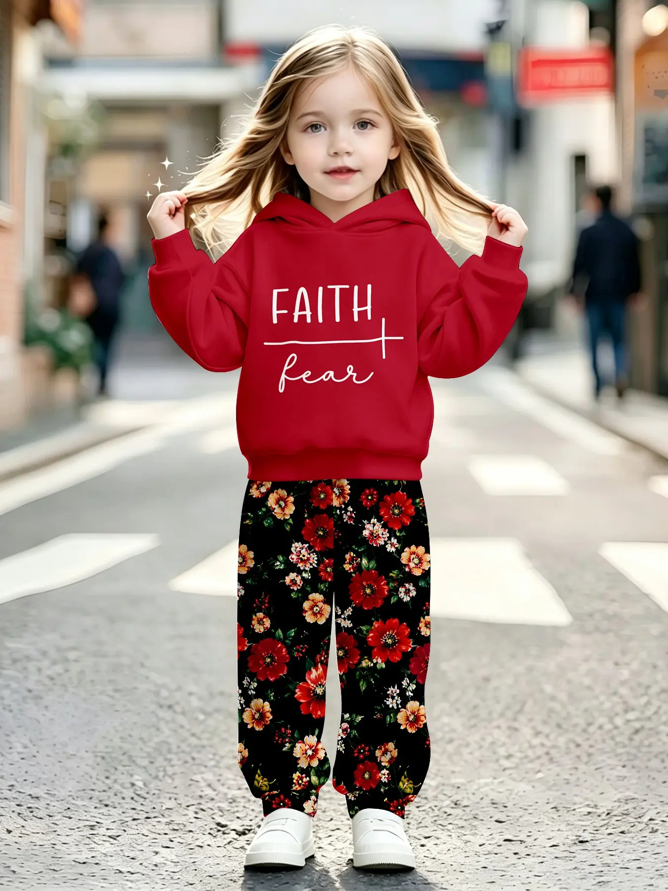 American Motivational Letter Kids Hoodie Set, Baby Retro Floral Drawstring Sweatpants Two-Piece Set, Spring Fall Unisex Casual Sports