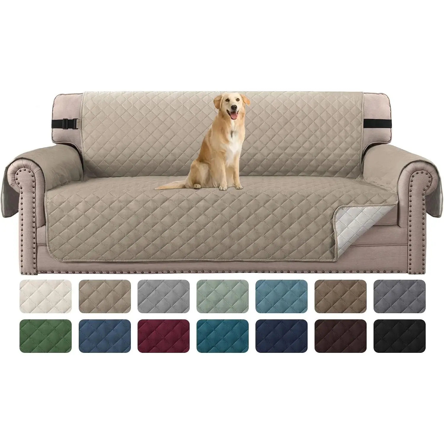 Reversible Sofa Cover Couch Cover for 3 Cushion Couch Water Resistant Furniture Protector for Pets Durable Sofa Slipcover with Non Slip Elastic Strap(Sofa, Khaki/Beige)