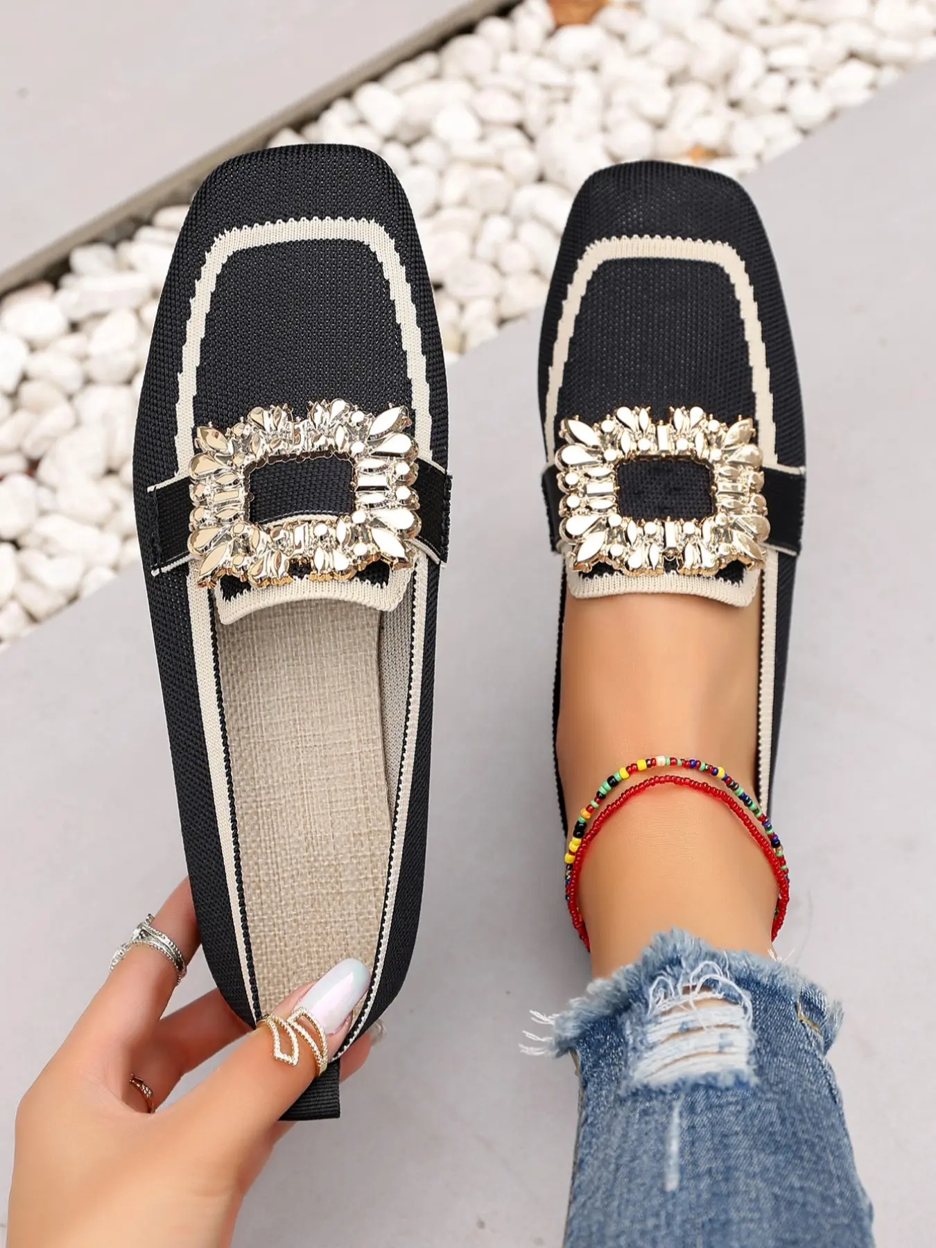 Women's Breathable Lightweight Flat Shoes, Glossy Square Buckle Design, Slip-On Comfortable Casual Shoes, Ideal for Daily Commute and Shopping