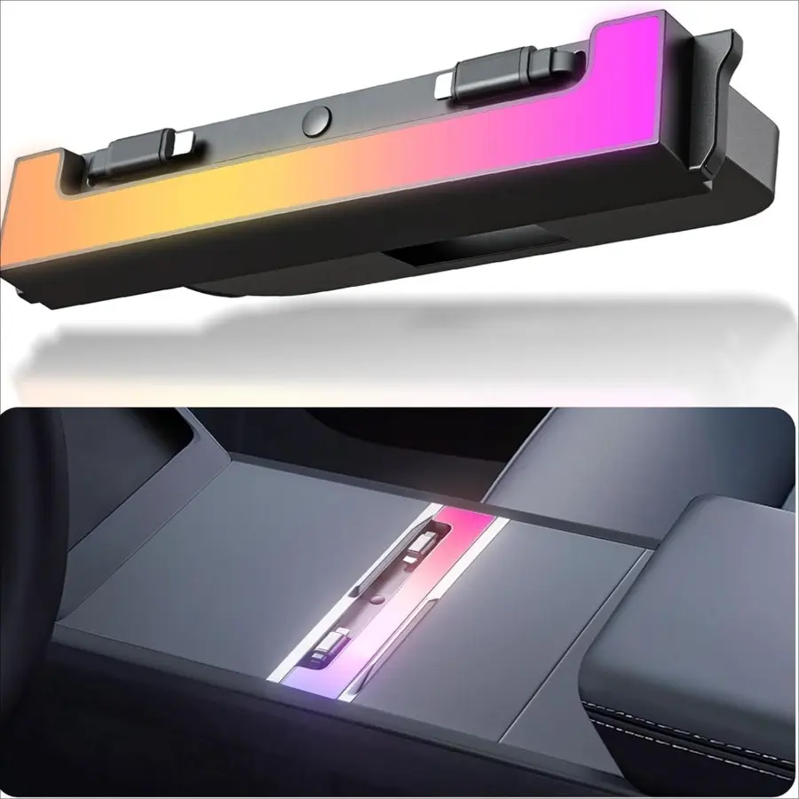 Fourth Generation Type-C USB Hub for Tesla Model 3 Highland 2024-2025 & Model Y Juniper 2025-2026, 35in Telescopic Cable Car Interior Docking Station with 60W/27W PD Fast Charging, RGB Backlit Color Changing LED Light, 120W Dual Ports Fit Center Console,,