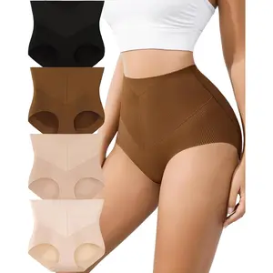 Women's High-Waisted Seamless Shapewear Panty 4-Pack - Tummy Control, Full Coverage, Butt Lifting, Smooth Ribbed Fabric