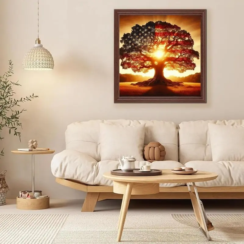 5D Diamond Painting Kit for Beginners, Ancient Tree Full Drill Diamond Art Set, DIY American Flag Round Diamonds, Home Wall Decor