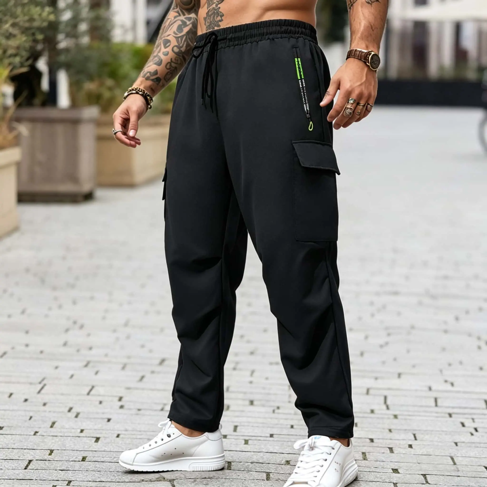 Lightweight Quick Dry Men’s Utility Cargo Joggers, Elastic Drawstring Waist, Secure Zipper Cargo Pockets, Regular Fit Stretch Outdoor Trousers for Hiking Walking Travel Fishing Streetwear