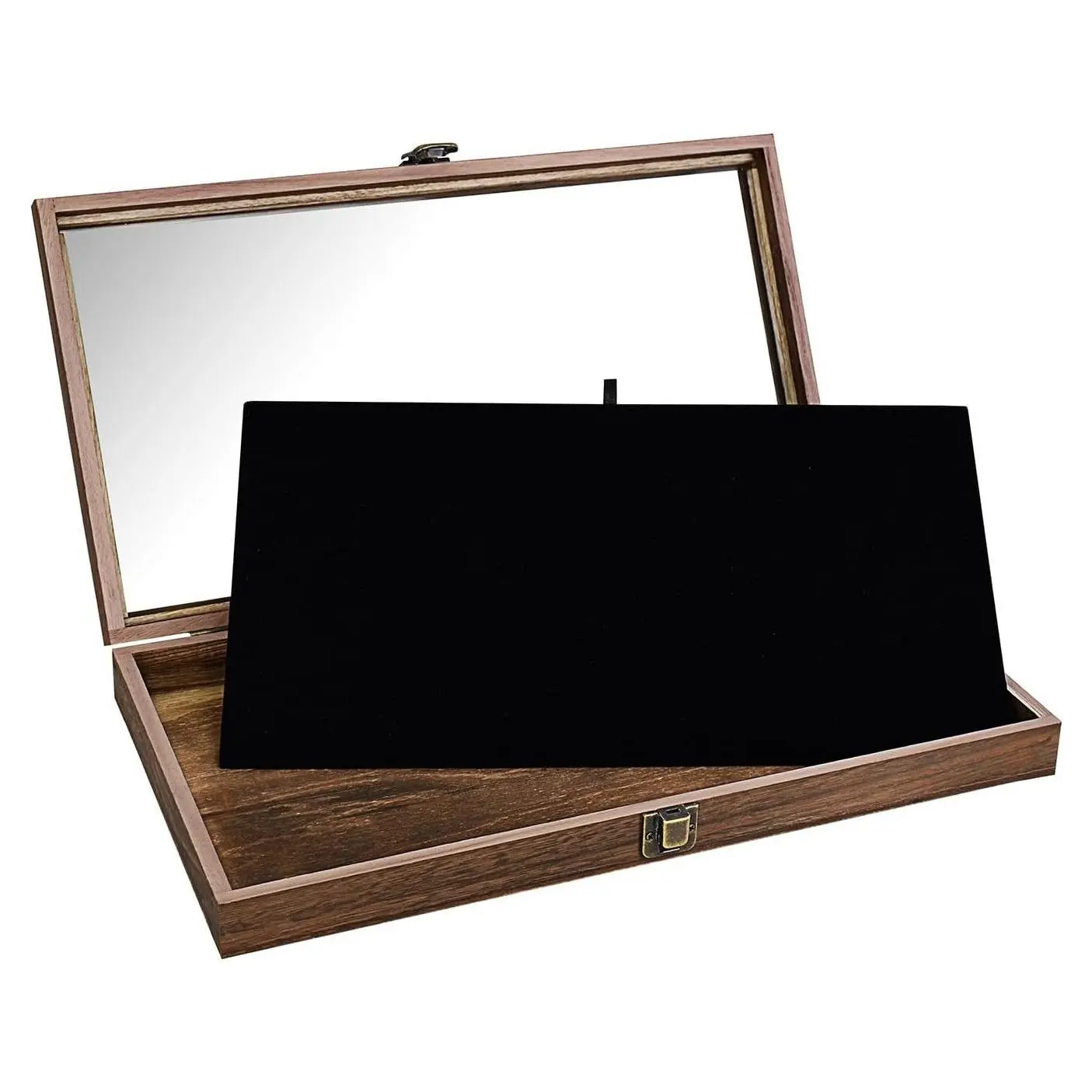 Wooden Jewelry Display Case with Tempered Glass Top and Removable Black Velvet Pad for Taller Jewelry & CollectiblesGift