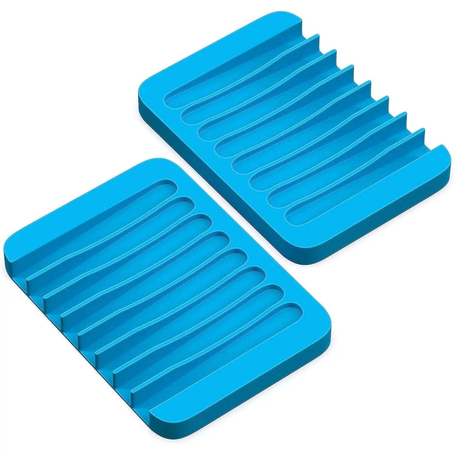Self Draining Soap Dish for Bar Soap - Pack of 2 Blue Silicone Waterfall Drain Soap Savers for Shower, Bath, Kitchen Countertop