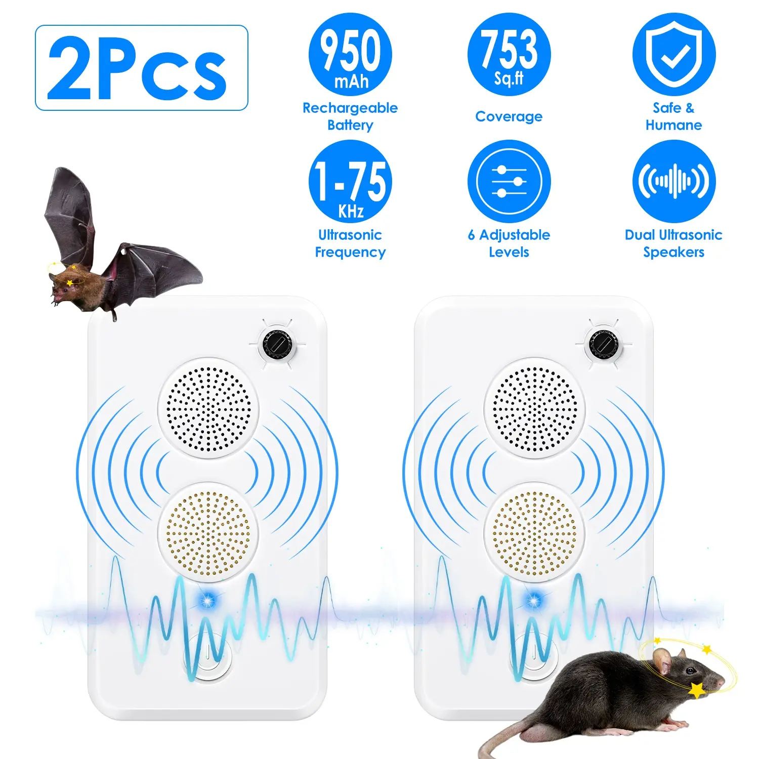 2Pack/4Pack Rechargeable Ultrasonic Bat Repellent Indoor Outdoor Bird Mouse Deterrent Device with 6 Adjustable Levels for Attic Porch House