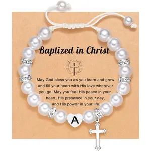Christian Style Initial Heart Cross Charm Bracelet for Girls - 5.2"-9" Religious Crucifix Bracelets & Bangles, Spiritual Jewelry for Baptism First Communion Gifts
