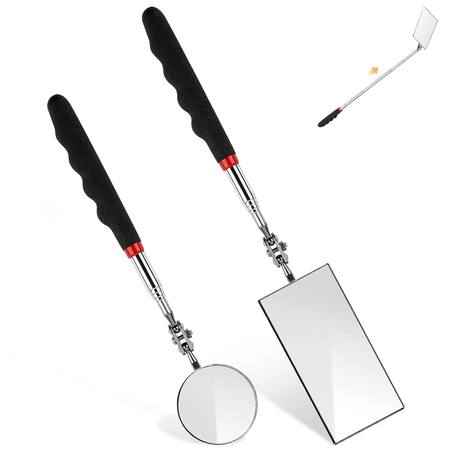 2 telescopic inspection mirrors, 360-degree rotation° Rotatable and retractable mechanical car rearview mirror tool, with a rectangular and circular mirror, suitable for mechanics, auto repair personnel, contractors, and home inspectors