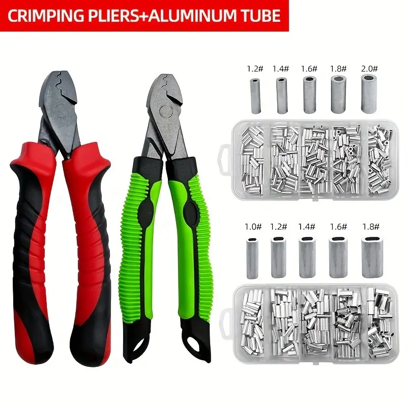 Iron Crimp Sleeves Set for Fishing, Includes 5.5-Inch Crimping Pliers, Fishing Line Tube Connectors, Wire Rope Leader Crimping Tools, No Battery