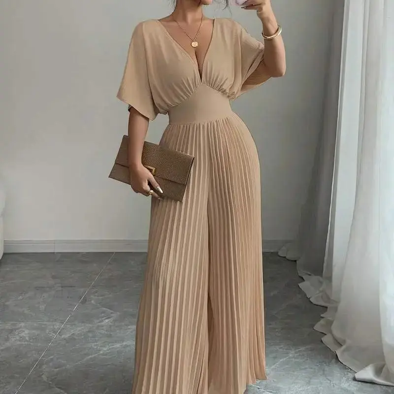 Solid Color Deep V-Neck Batwing Sleeves Pleated Elegant Women's Jumpsuit Polyester Womenswear