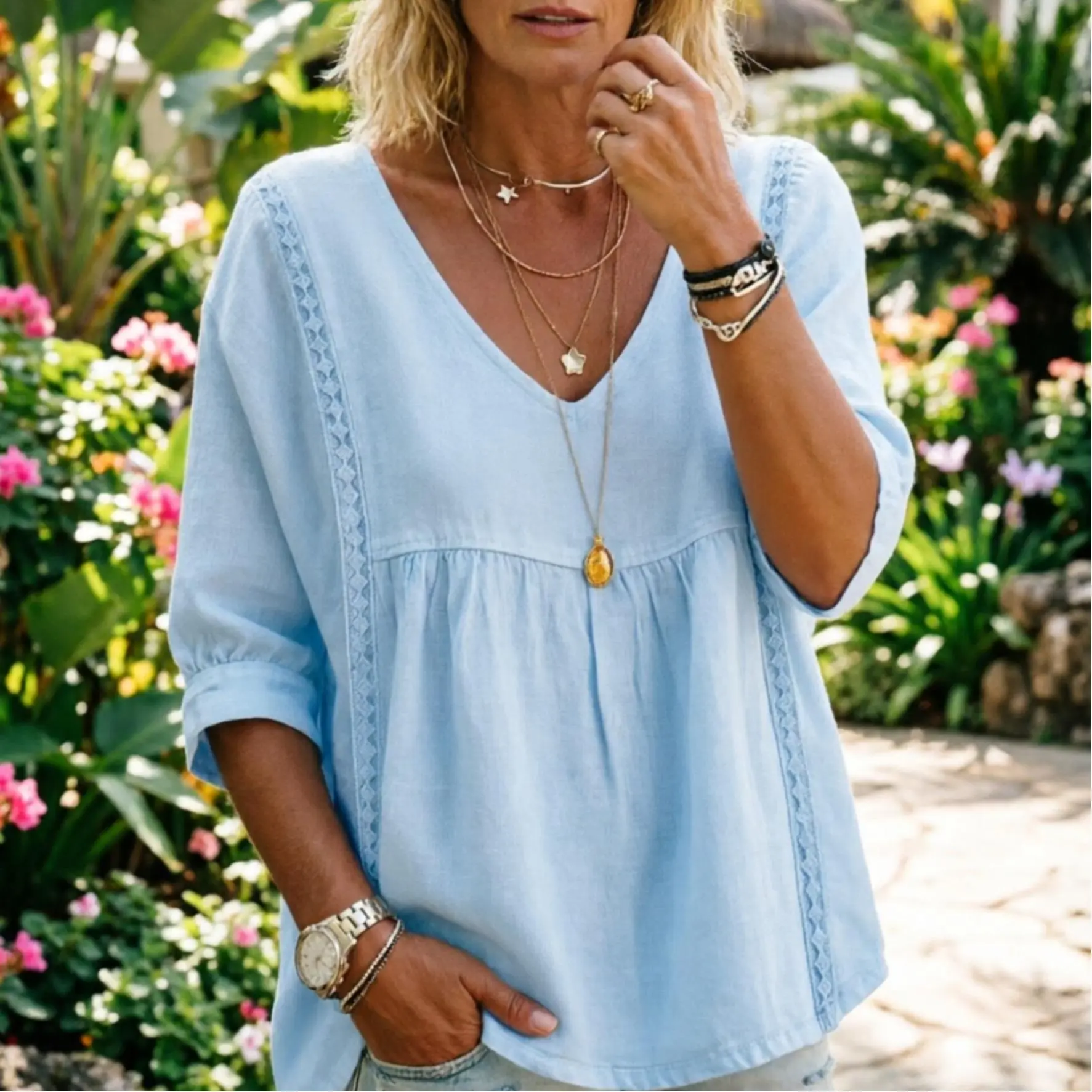 Women's Chic Loose-Fit V-Neck Lace Blouse, 3/4-Length Puff Sleeves, Side Lace Cut-Out Details, Flattering Midsection-Concealing Cut, Ideal for Bohemian Office Wear