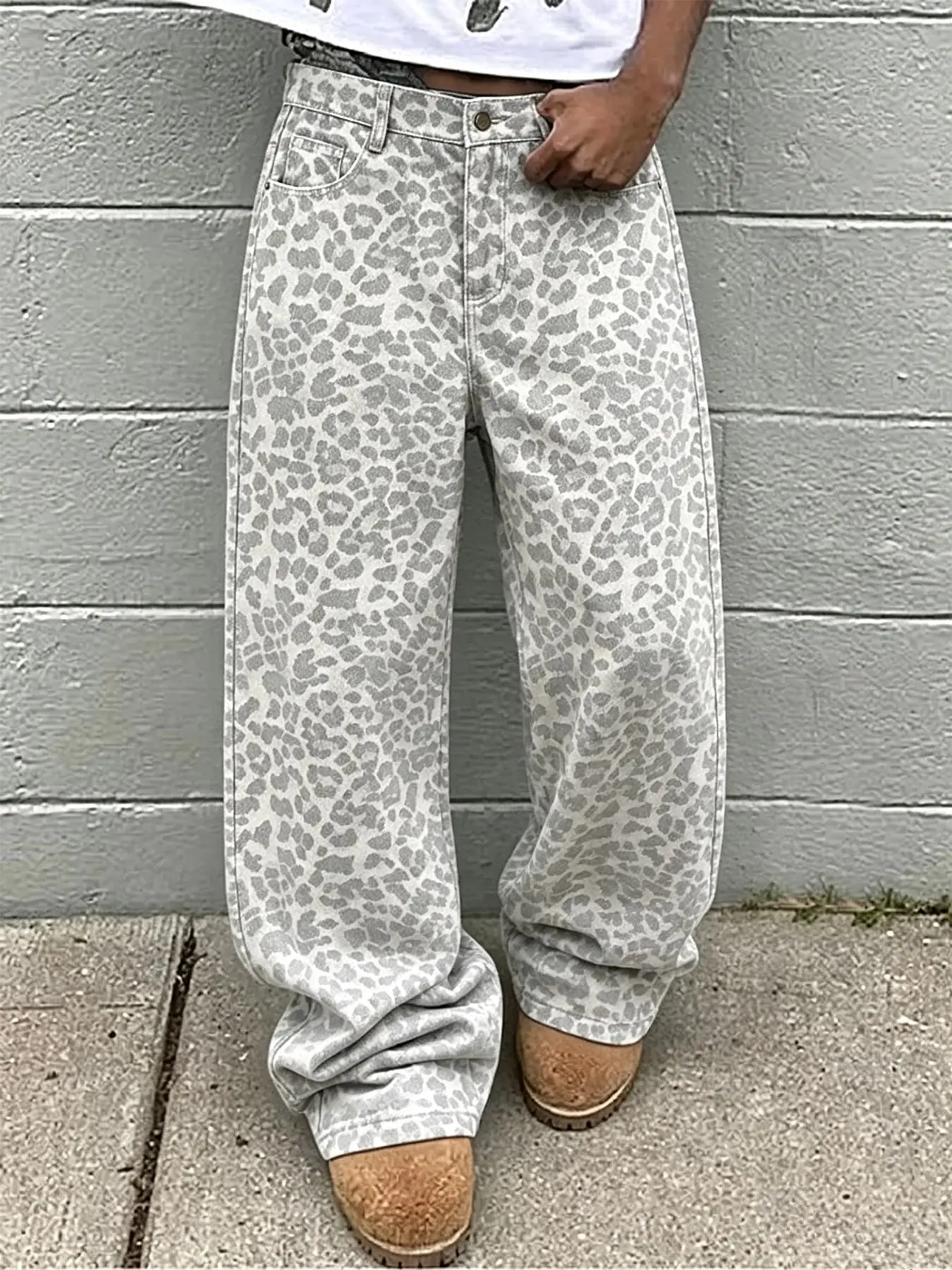 Men's Leopard Print Wide Leg Oversize Loose Long Pants, Y2K Retro Streetwear Jeans, Casual Fitted Mid Waist Elastic Waist