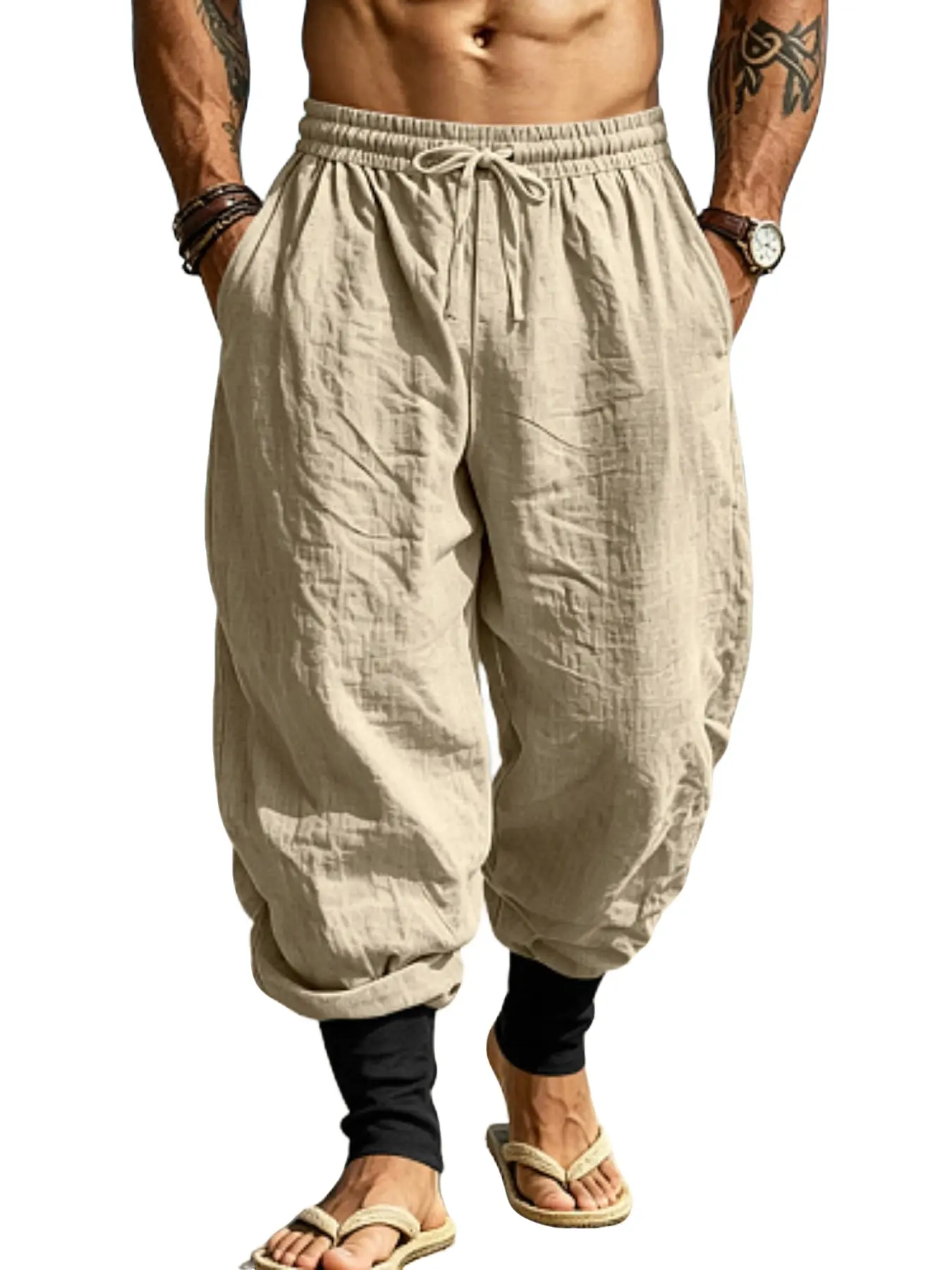 Men's Casual Linen Jogger Pants, Breathable Sweat-Wicking Sand Wash Texture, Loose Fit Slimming Lantern Long Pants, Summer Outdoor Wear, Casual Fit Bottoms