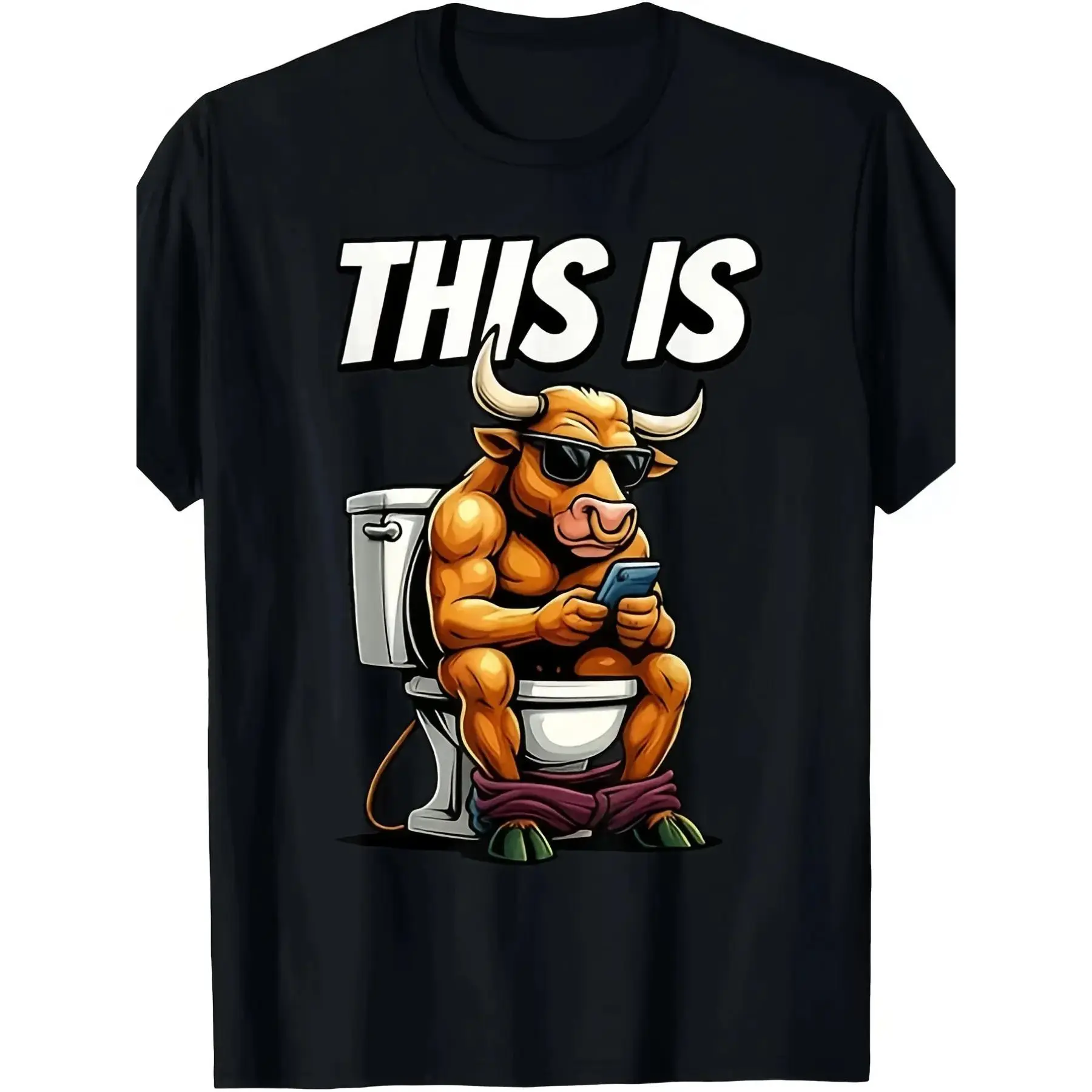 Funny 'Cow on Toilet, This is Cow Dung' Satire Pattern T-Shirt|   Retro Humorous Unisex T-Shirt, Cattle Design, Comfortable Casual Men's Clothing, Short-Sleeve Round-Neck Shirt, Suitable for Parties, Office and Daily Use