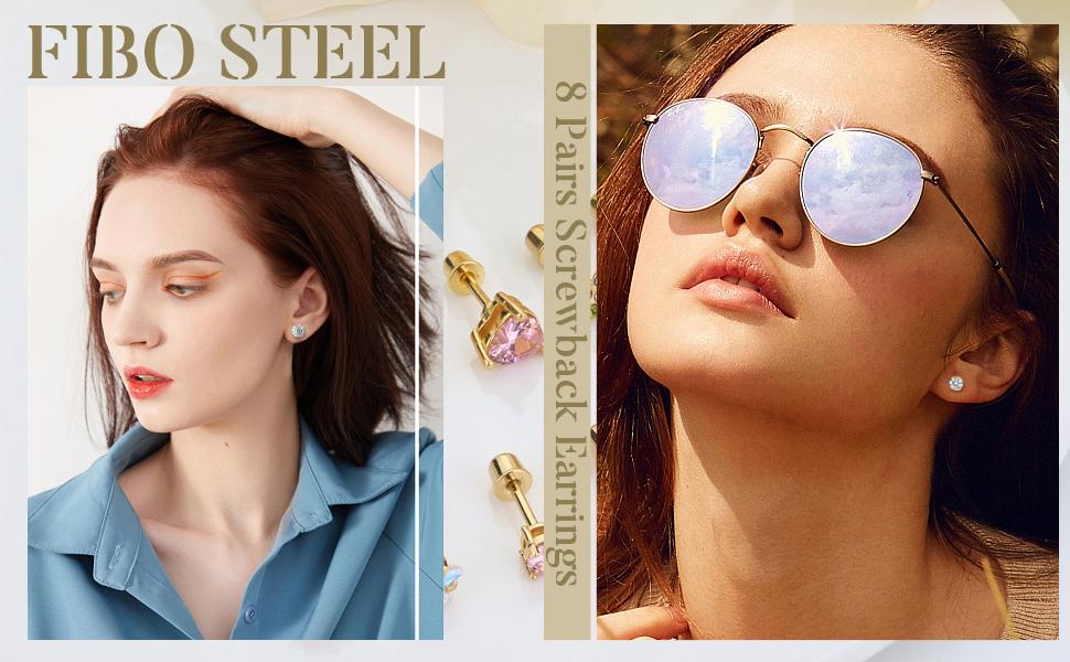 FIBO STEEL 8 Pairs 316L Stainless Steel Stud Earrings Set for Women CZ Heart Pearl Flower Butterfly Screw back Earrings Pack Fashion Jewelry