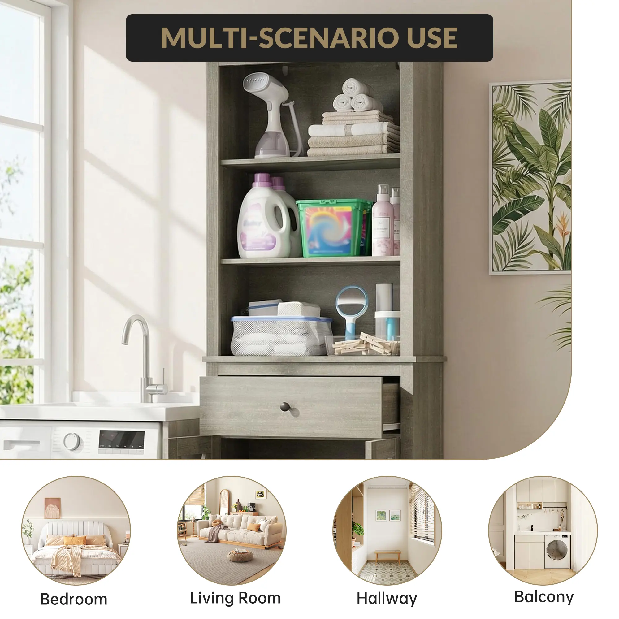 Tall Freestanding Storage Cabinet Made of Particle Board & MDF, Bathroom Linen Cabinet with Double Doors and Single Drawer, Narrow Vertical Storage Organizer for Small Bathrooms, 36.81*14.96*10.24 inch
