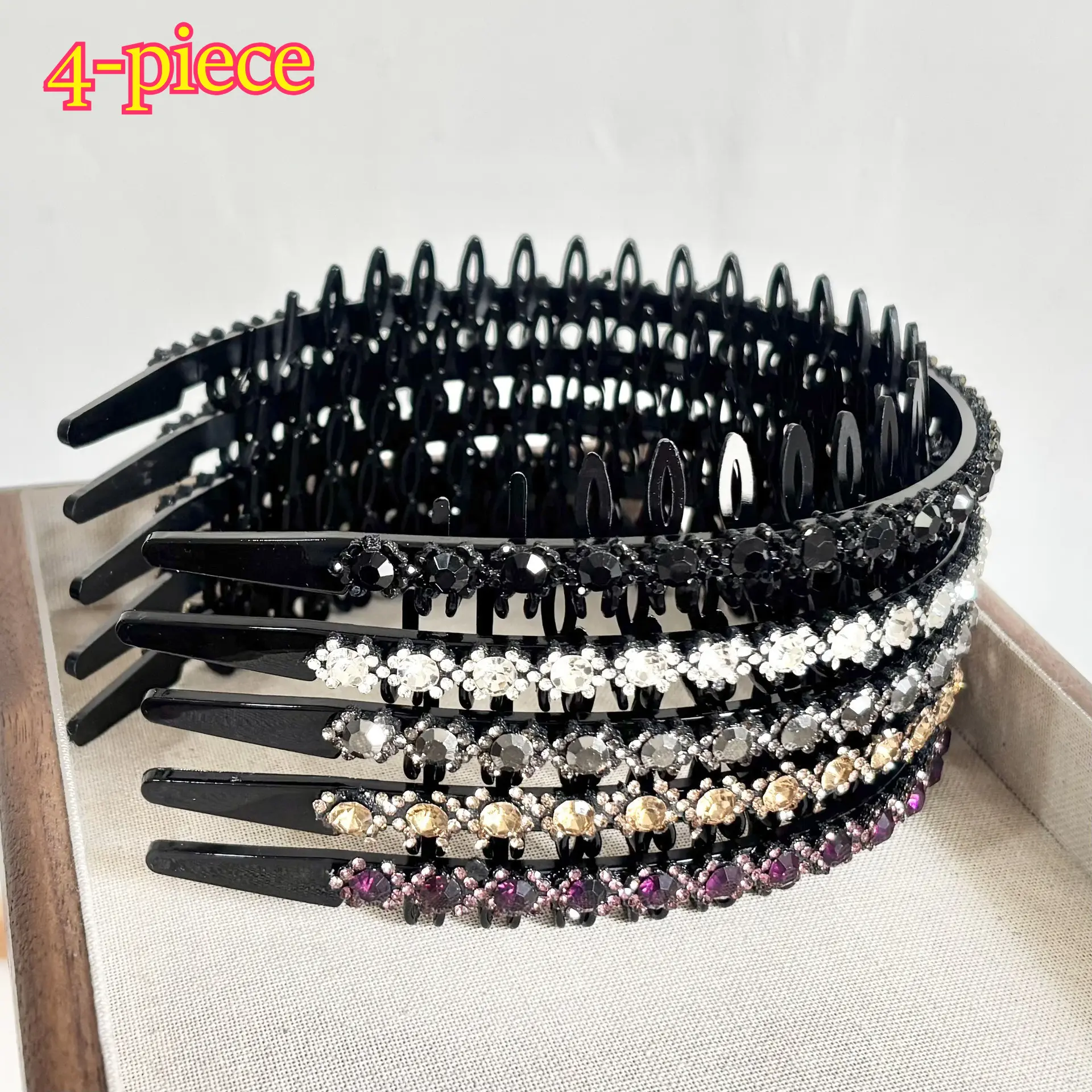 Women's 4-Pcs Rhinestone Teeth Comb Headbands - Sparkly Bling Wave Non-Slip Hard Plastic Hoop Hair Accessories, Party Wear Gift Set for Daily Makeup, Face Washing