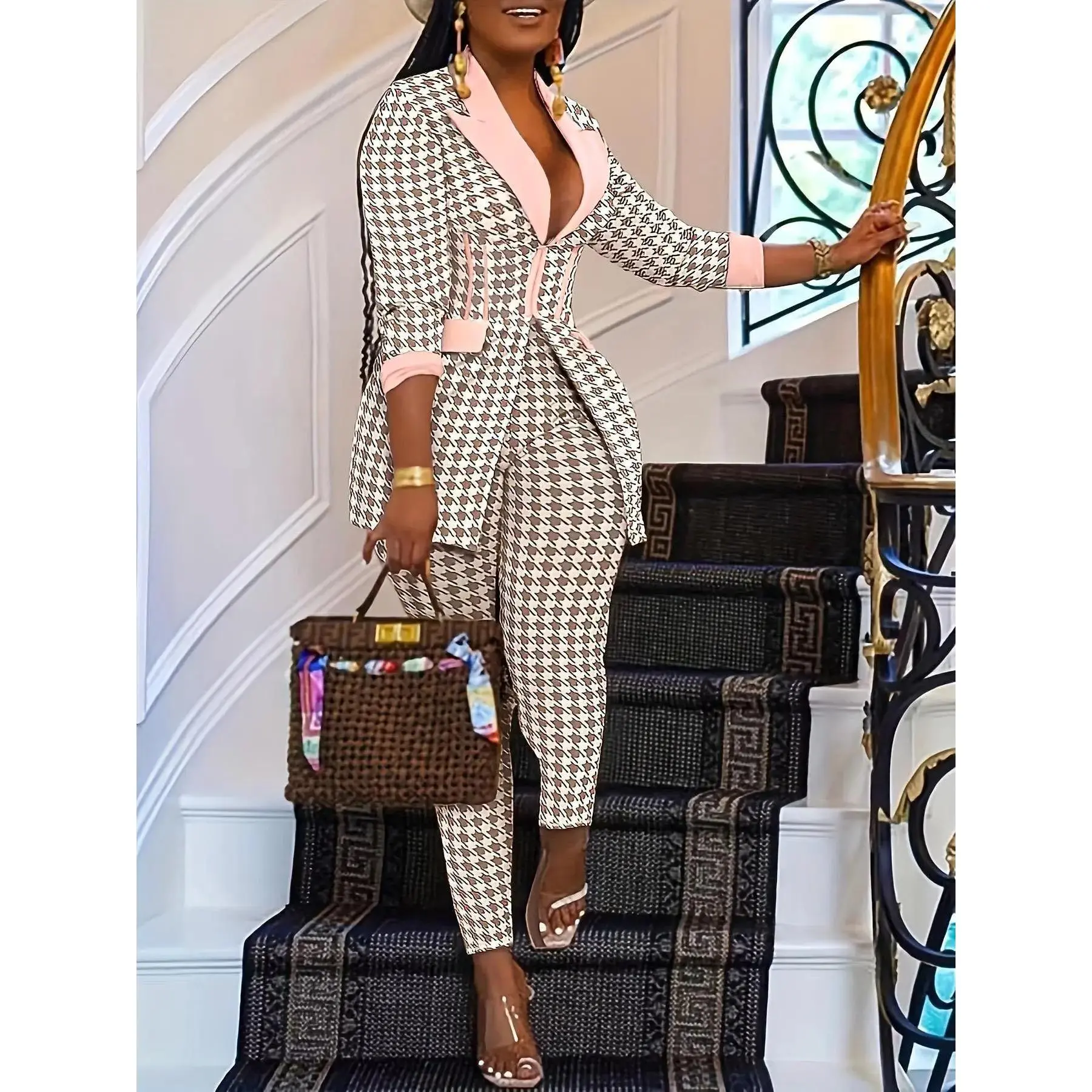Two-Piece Set Women's Houndstooth Print Blazer & Skinny Pants, Elegant Formal Fashion Casual Comfy for Daily Outdoor Wear, Ladies Clothes for All Seasons
