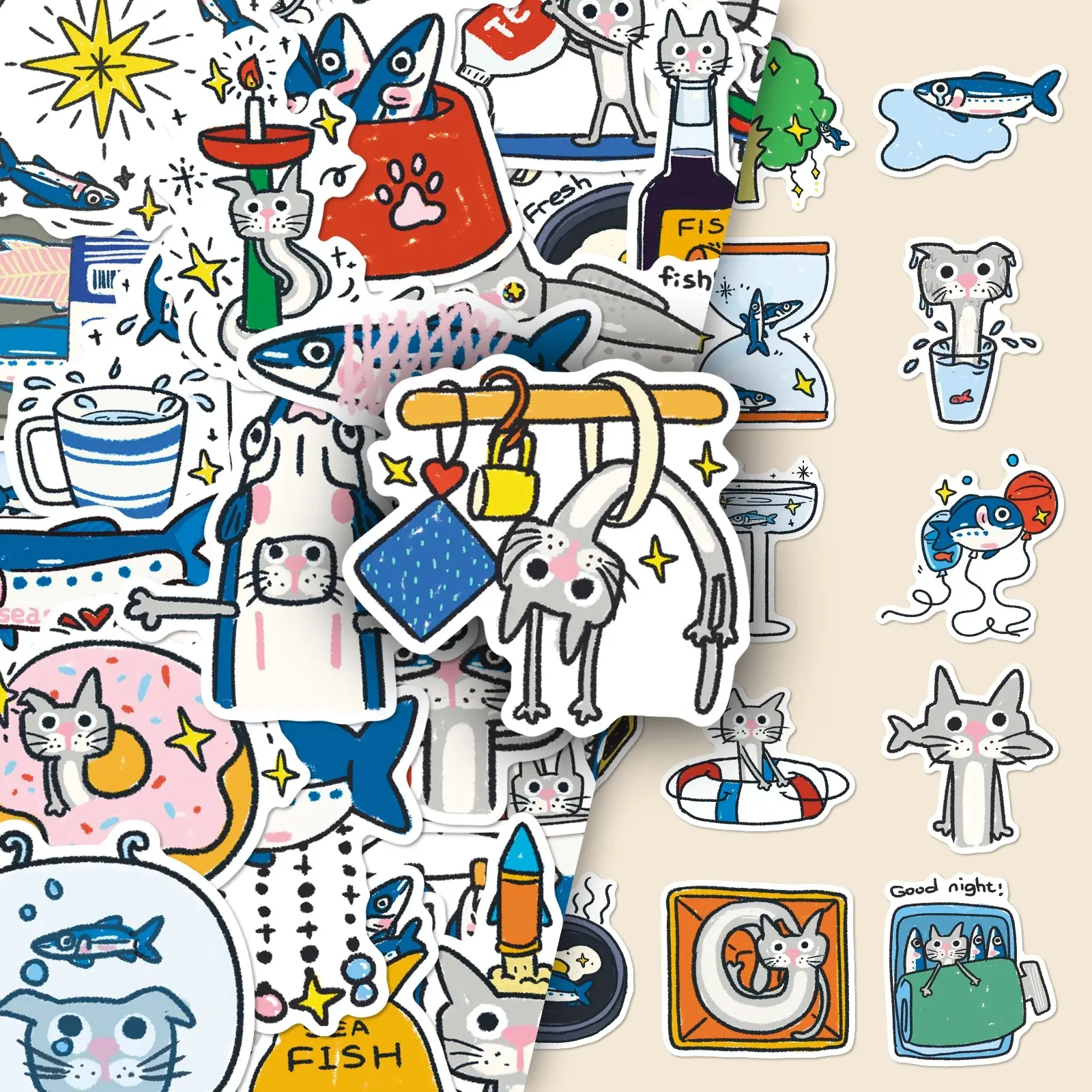 50pcs Crayon Shin-chan Cat & Fish Cartoon Stickers, Cute & Funny DIY Decor for Skateboard, Phone Case & Car