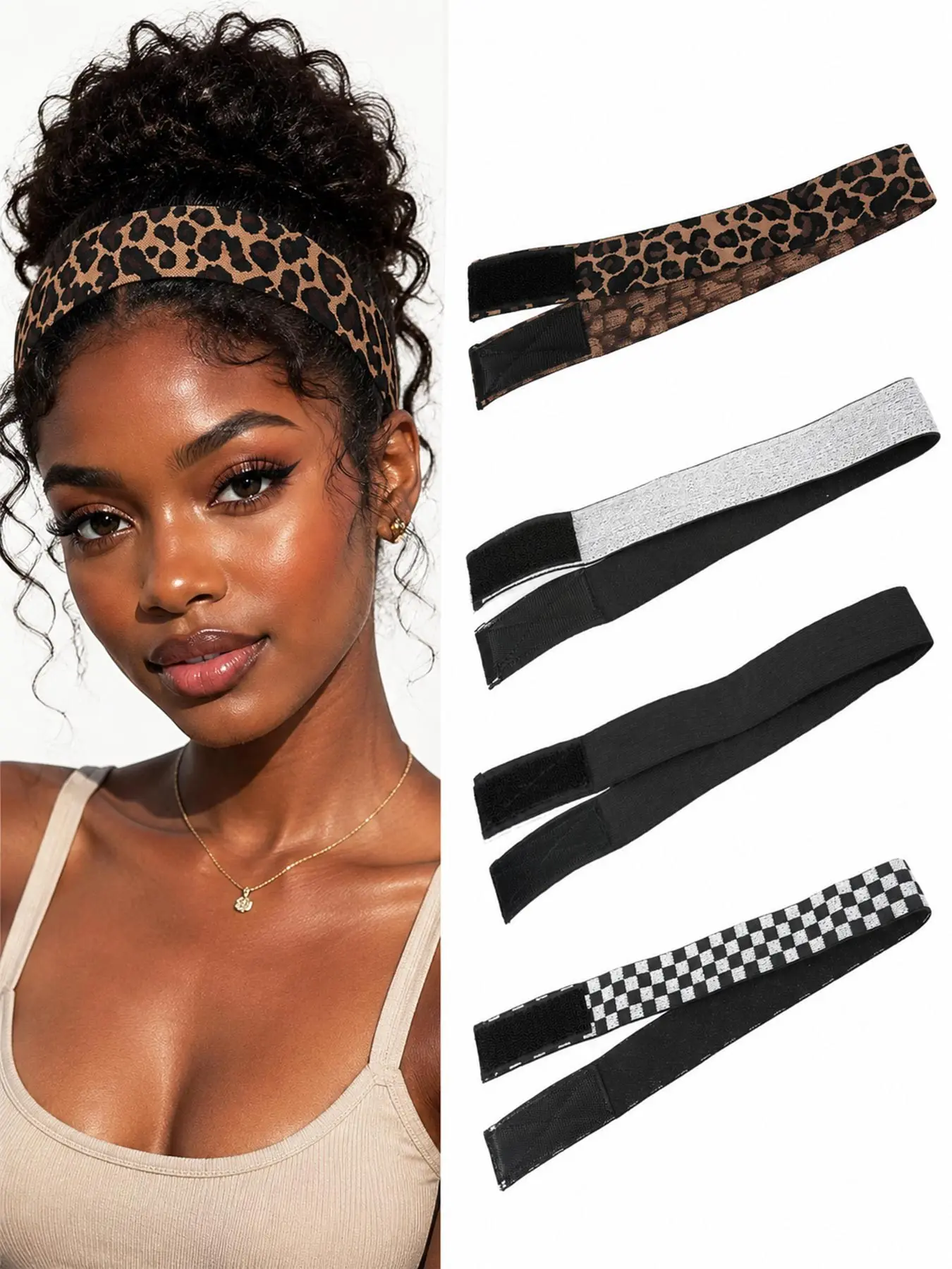 2Pc Adjustable Elastic Wig Grip Band with Magic Tape, Anti-Slip Secure Hold Headband for Lace Front Wigs & Edge Wrap to Lay Edges, Wig Accessories for Daily Wear (Silver, Leopard, Black Pack,Checkerboard) 1.4×23.6 Inches