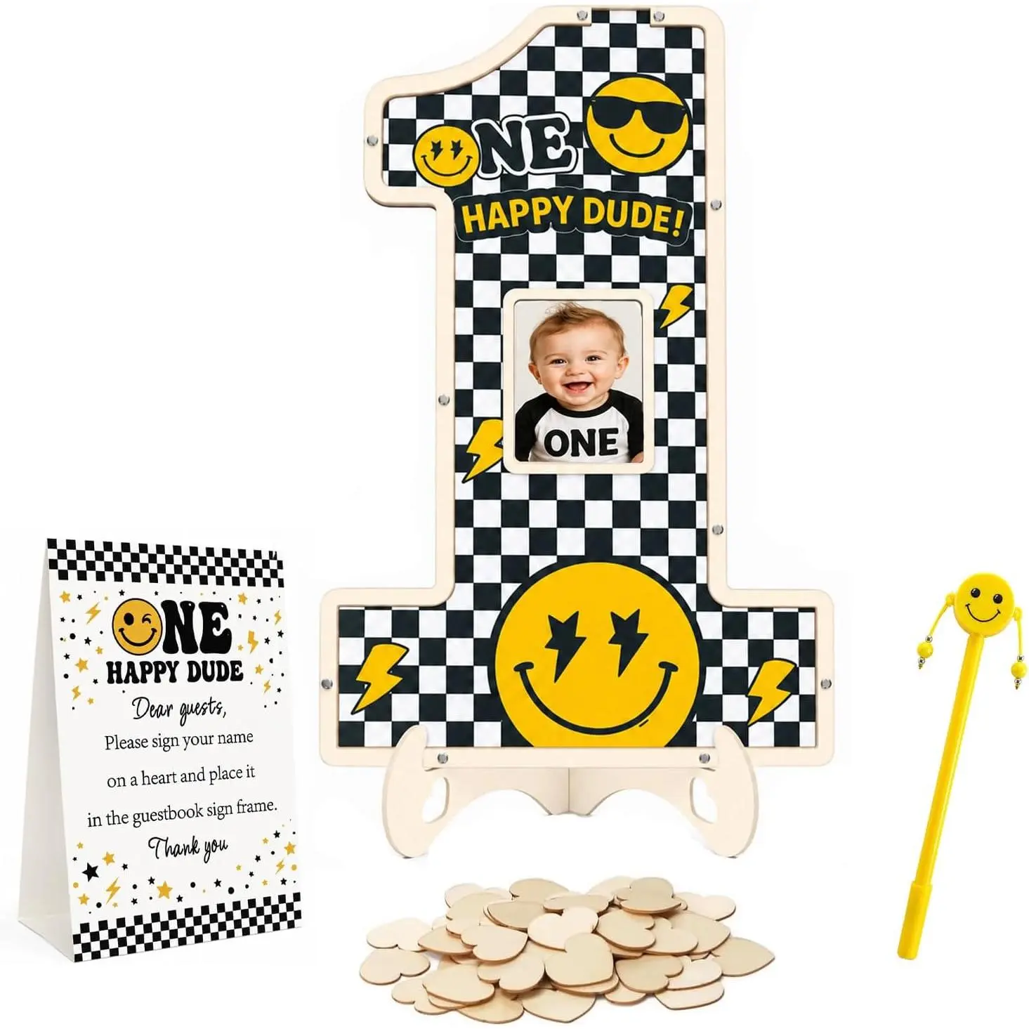 One Happy Dude Birthday Decorations,One Cool Dude Birthday Party Themes Decorations,First Birthdays Decoration for Boys 1st Guest Book Alternatives with Smiling Face Pen Set