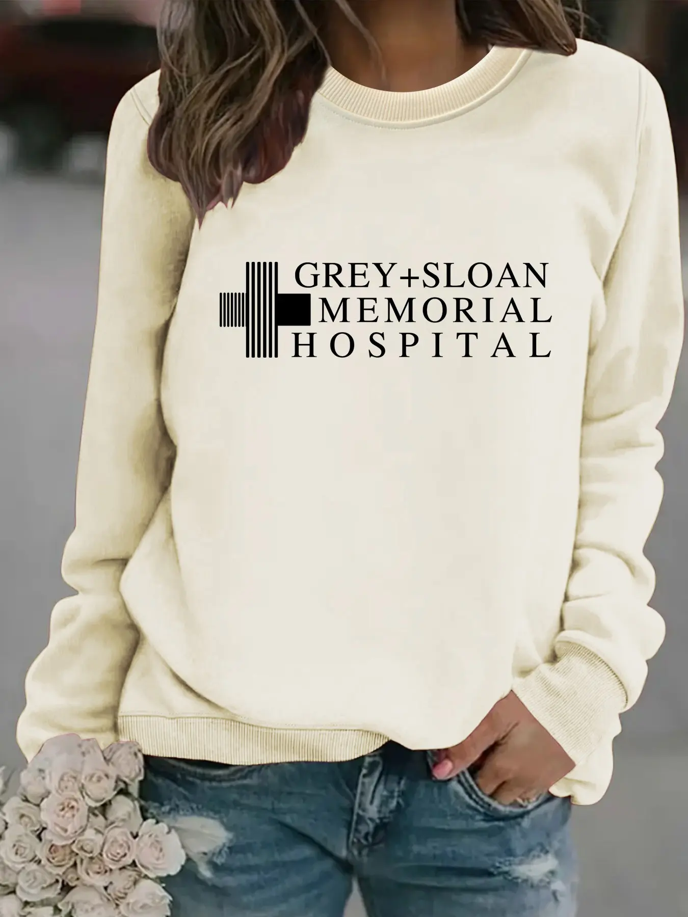 Women's Casual Tops +sloan Pattern Pullover, Soft Long Sleeve Round Neck Thin Sweatshirt, Comfortable Daily Wear