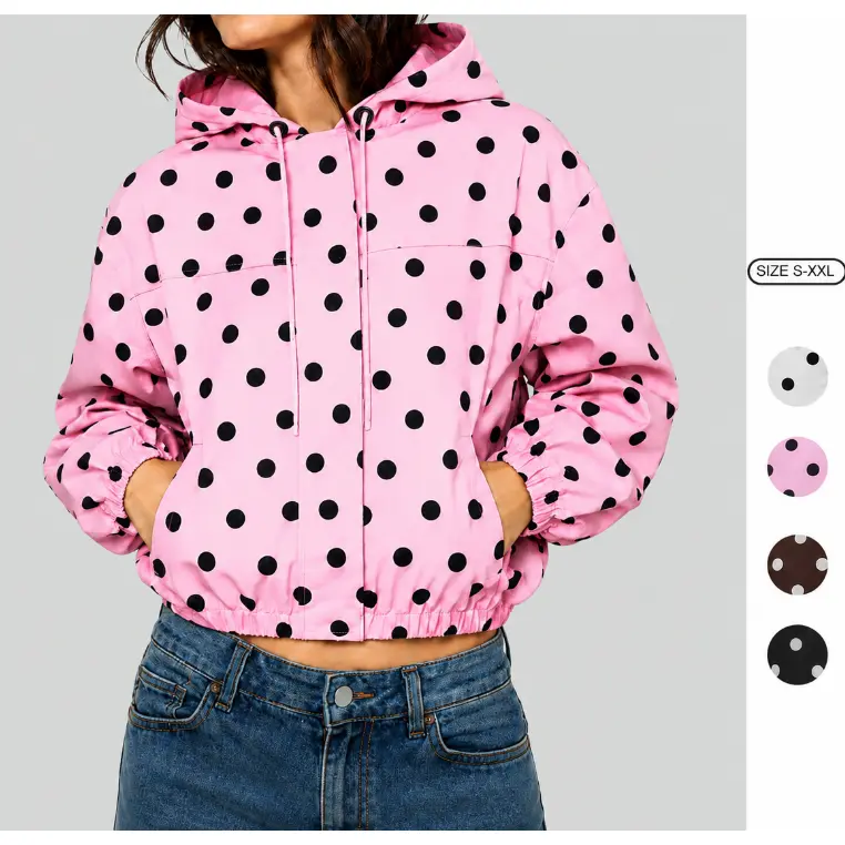 Imily Bela Womens Polka Dot Hooded Jacket Casual Zip Up Snap Button Cropped Windbreaker Long Sleeve Oversized Lightweight Outerwear