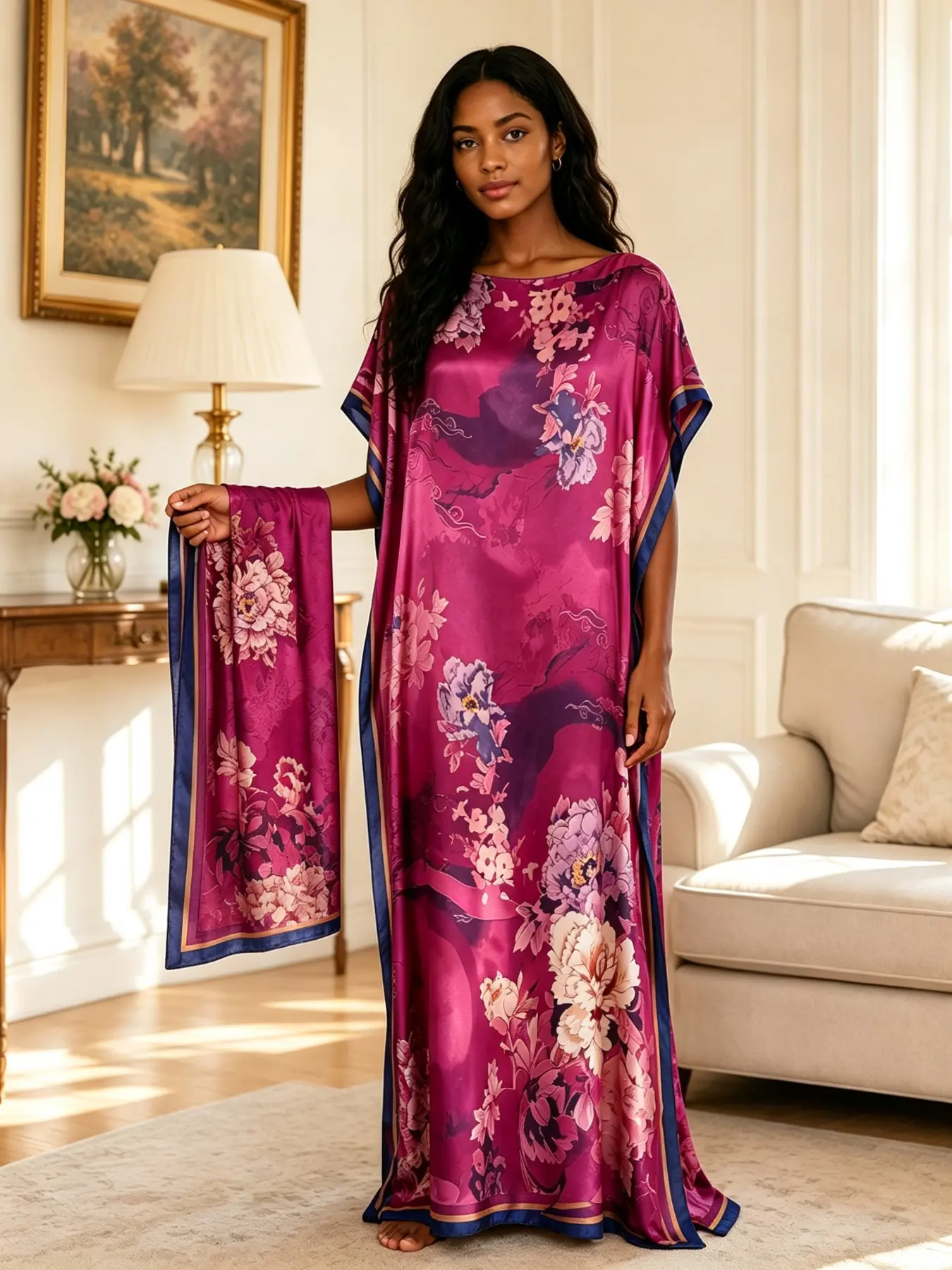 Plus Size Women's Two-Piece Satin Robe Set Loungewear, Rose Vintage Peony Floral Print, Loose Fit Home & Beach Vacation