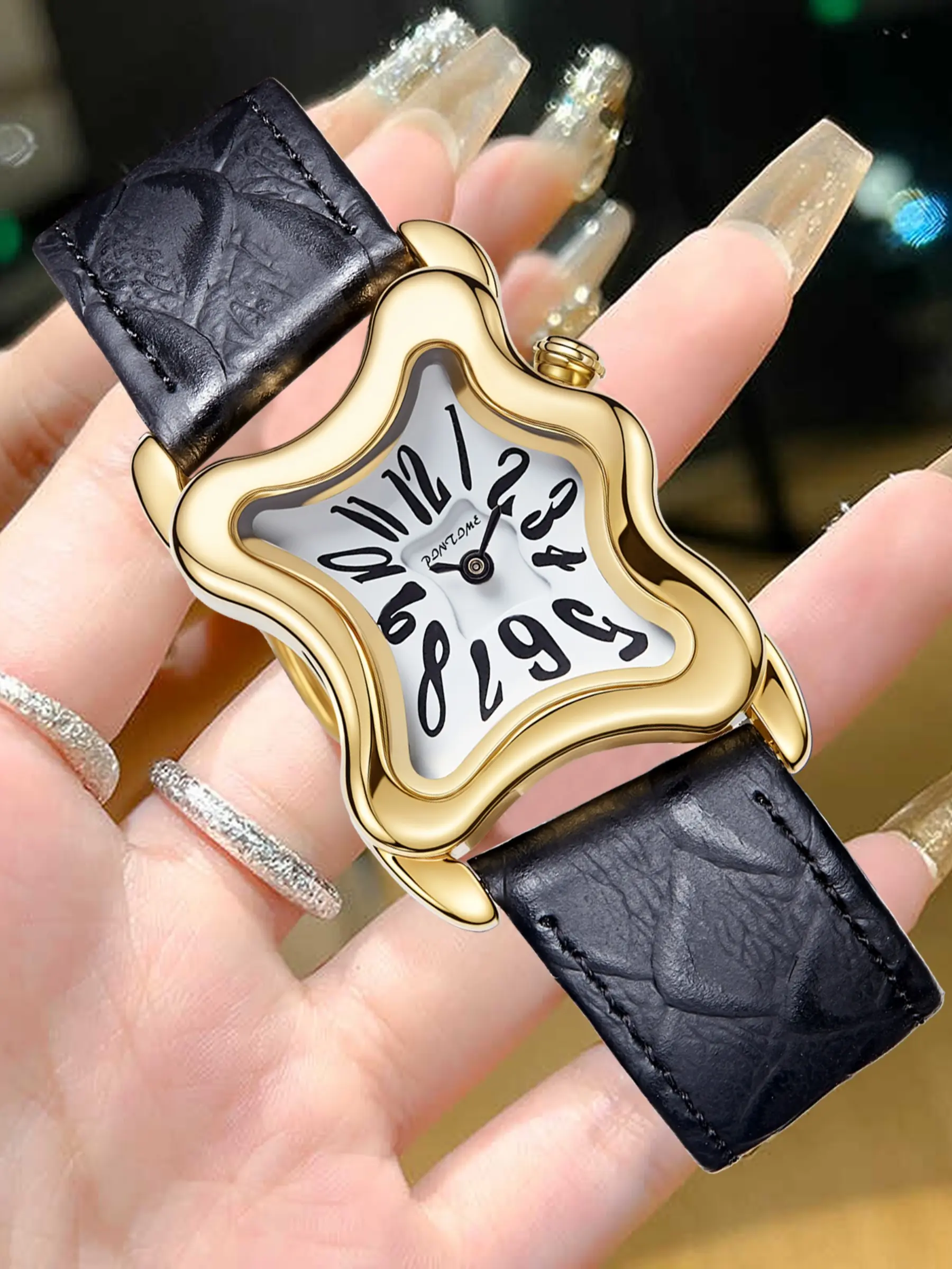 Unisex Quartz Watch, Y2K Melted Twist Design, Waterproof Retro Style, Fashionable High-End Wristwatch, PU Leather Strap, Party & Daily Wear